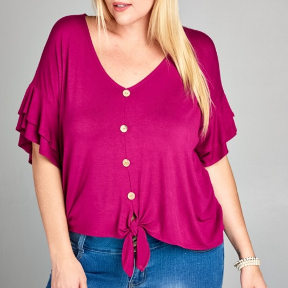 Magenta Ruffle Button Tie Top